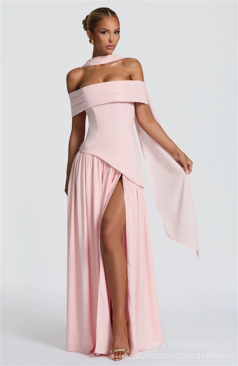 Women Formal Party Wear Dress - Pink Women Prom Dress With Scarf