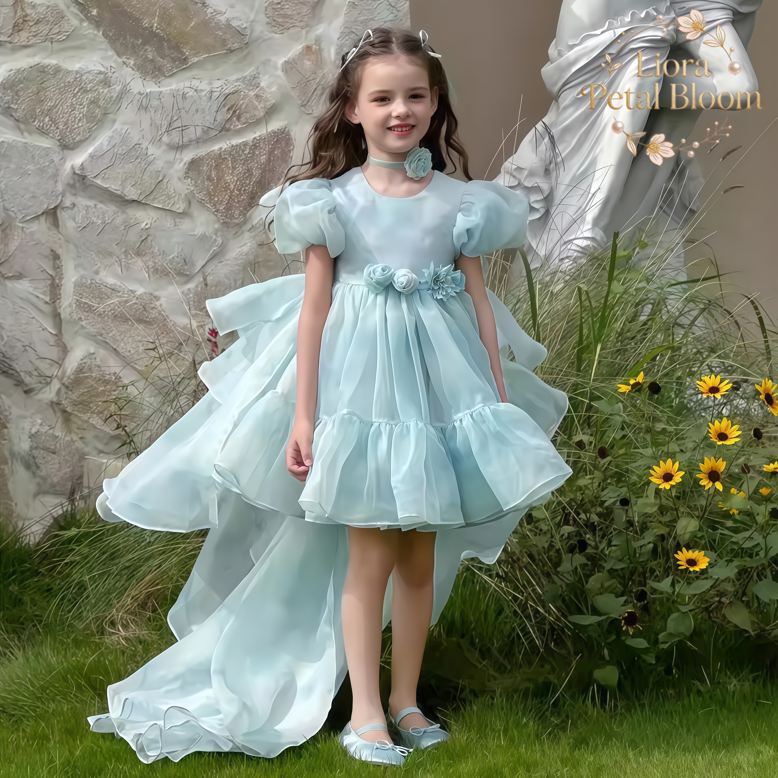 Women Formal Party Wear Dress - Blue Tulle Gown Girls' Bow Party