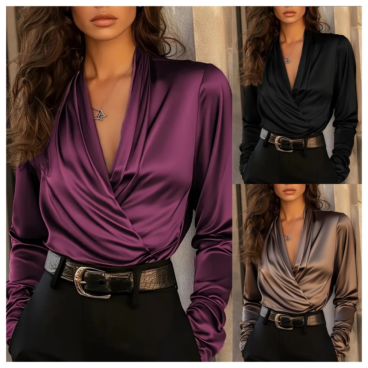 Women's Satin Wrap V Neck Long - Women Formal Office Wear Tops reseña y precio