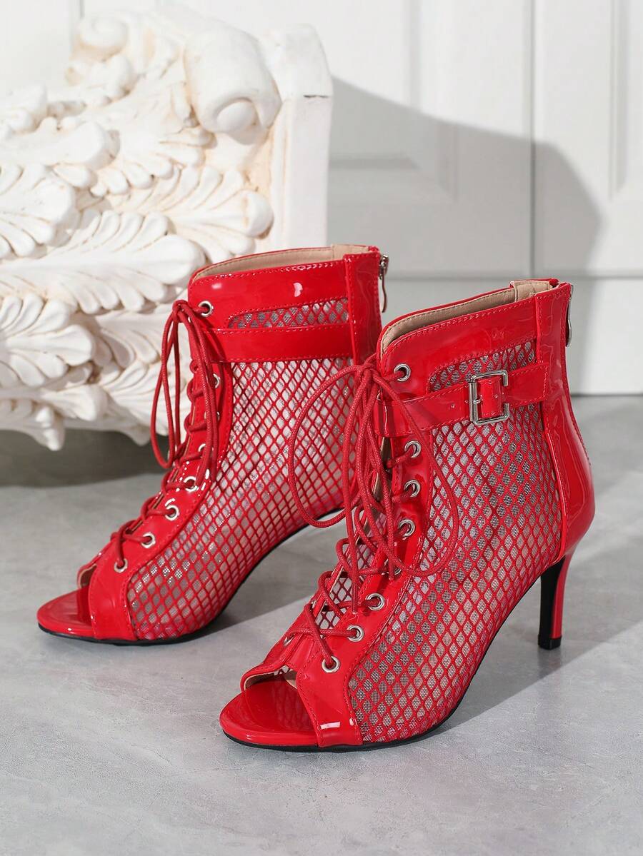 Womens Mesh Peep Toe Lace Up A - Kitten Heel Women reseña y precio