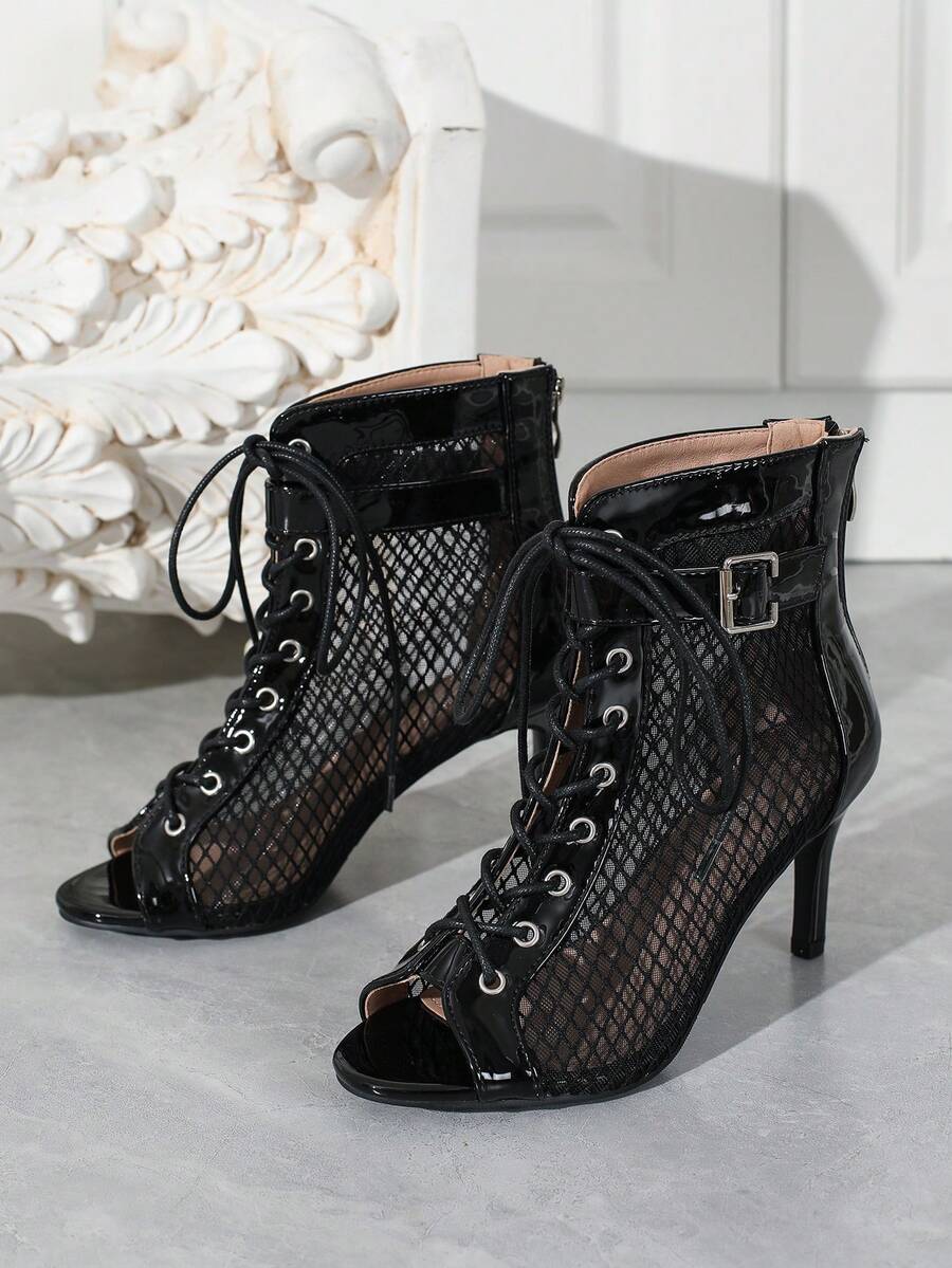 Womens Mesh Peep Toe Lace Up A - Kitten Heel Women reseña y precio
