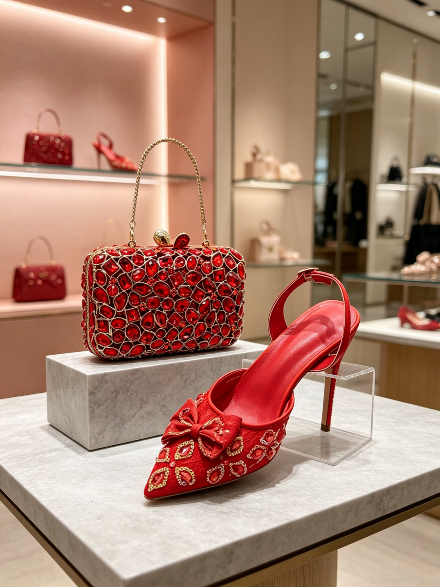 Bright Red Geometric Gem Lace  - Slingback Heel Formal reseña y precio
