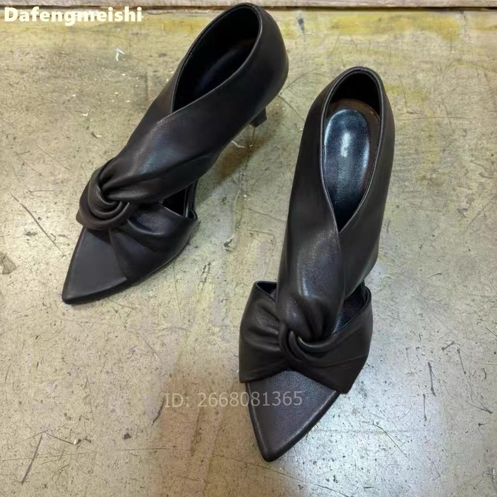 Women Black Leather Twisted Kn - Kitten Heel Women reseña y precio